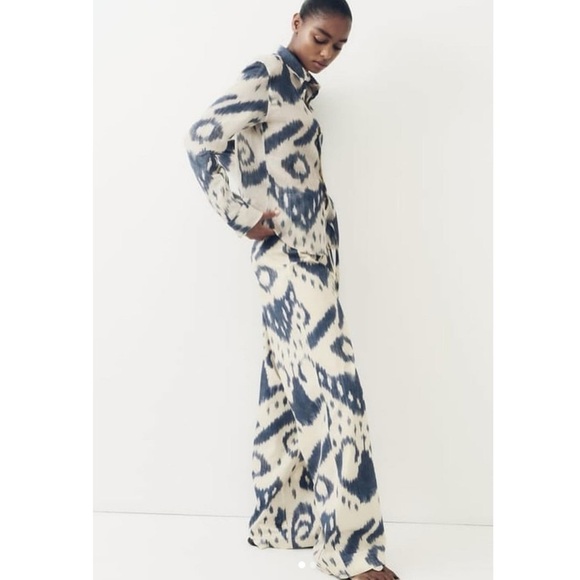 Zara Limited Edition Printed Ramie High Rise Aztec Wide Leg Trouser Pant Blue M - Picture 1 of 10